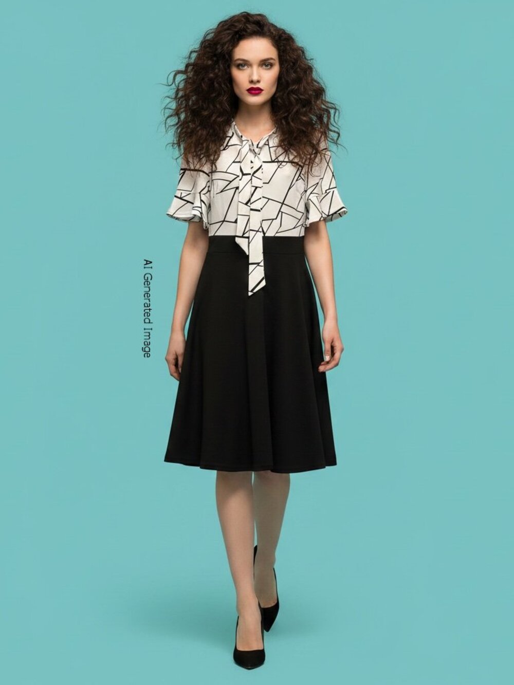 Ranphee Black & White Patterned Tie-Neck Dress - Size M